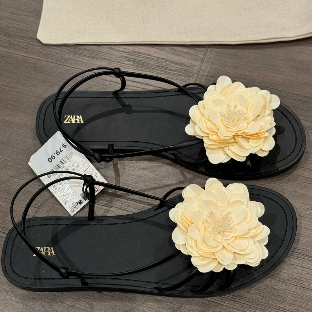 Zara Black Sandals with Cream Floral Detail